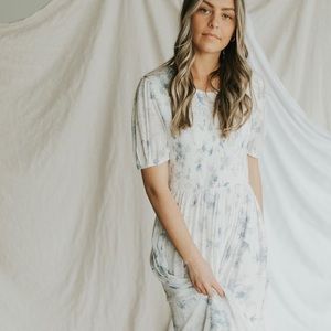 Henly Brand-Margie Smocked Maxi in White & Blue ×